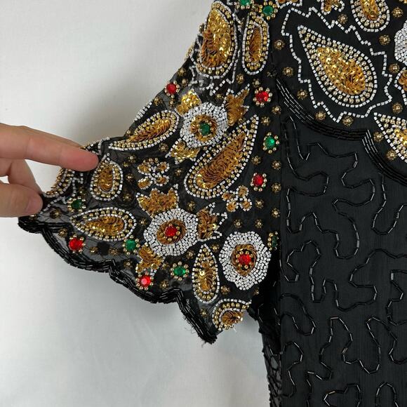 Laurence Kazar Short Sleeve Bodycon Beaded Black Mini Silk Dress Womens L Petite - Picture 6 of 16